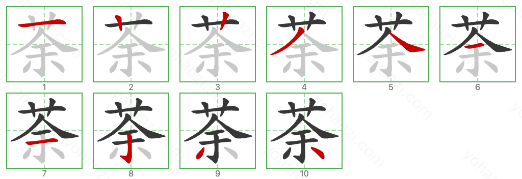 荼 Stroke Order Diagrams