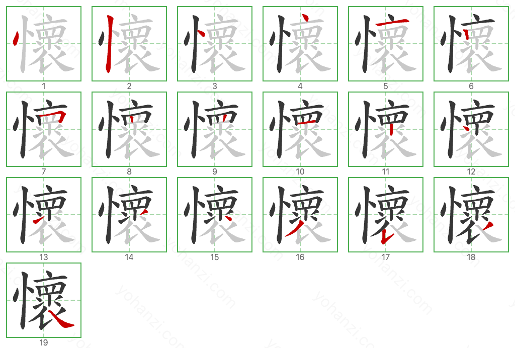 懷 Stroke Order Diagrams