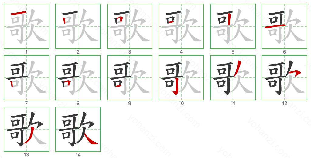 歌 Stroke Order Diagrams