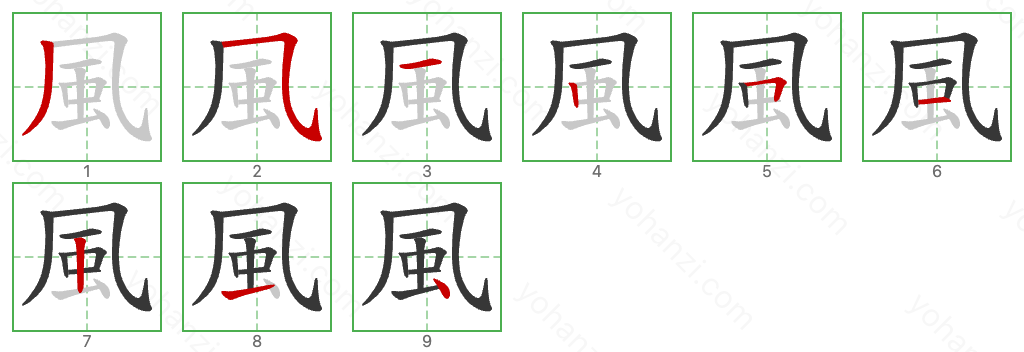 風 Stroke Order Diagrams